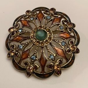 Vintage signed Monet enameled brass multicolor crystal brooch